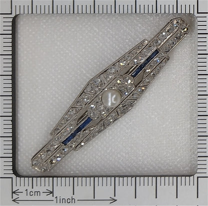 Antique Art Deco Diamond Sapphire and Pearl Bar Brooch