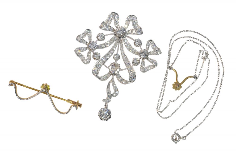 Antique Belle Epoque Bow 8cts Diamond Pendant Brooch