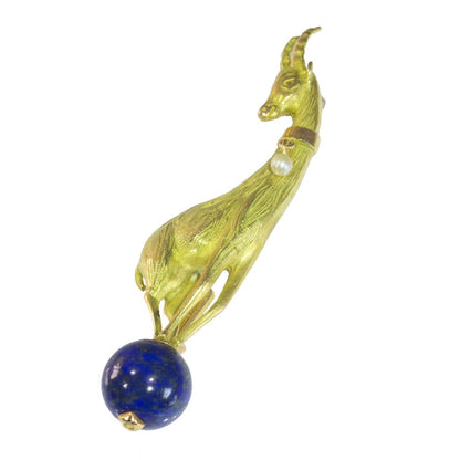 Vintage Gold Chamois and Lapis Lazuli Brooch