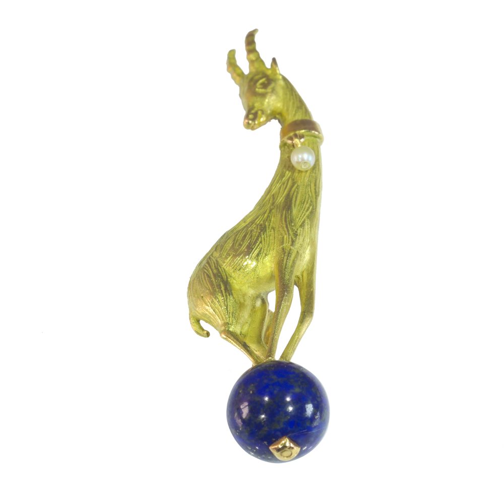 Vintage Gold Chamois and Lapis Lazuli Brooch