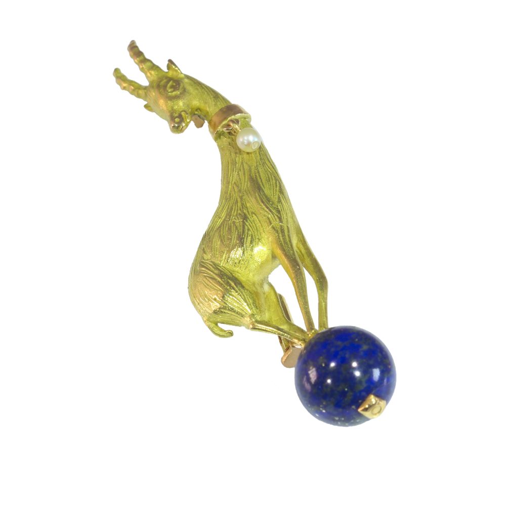 Vintage Gold Chamois and Lapis Lazuli Brooch