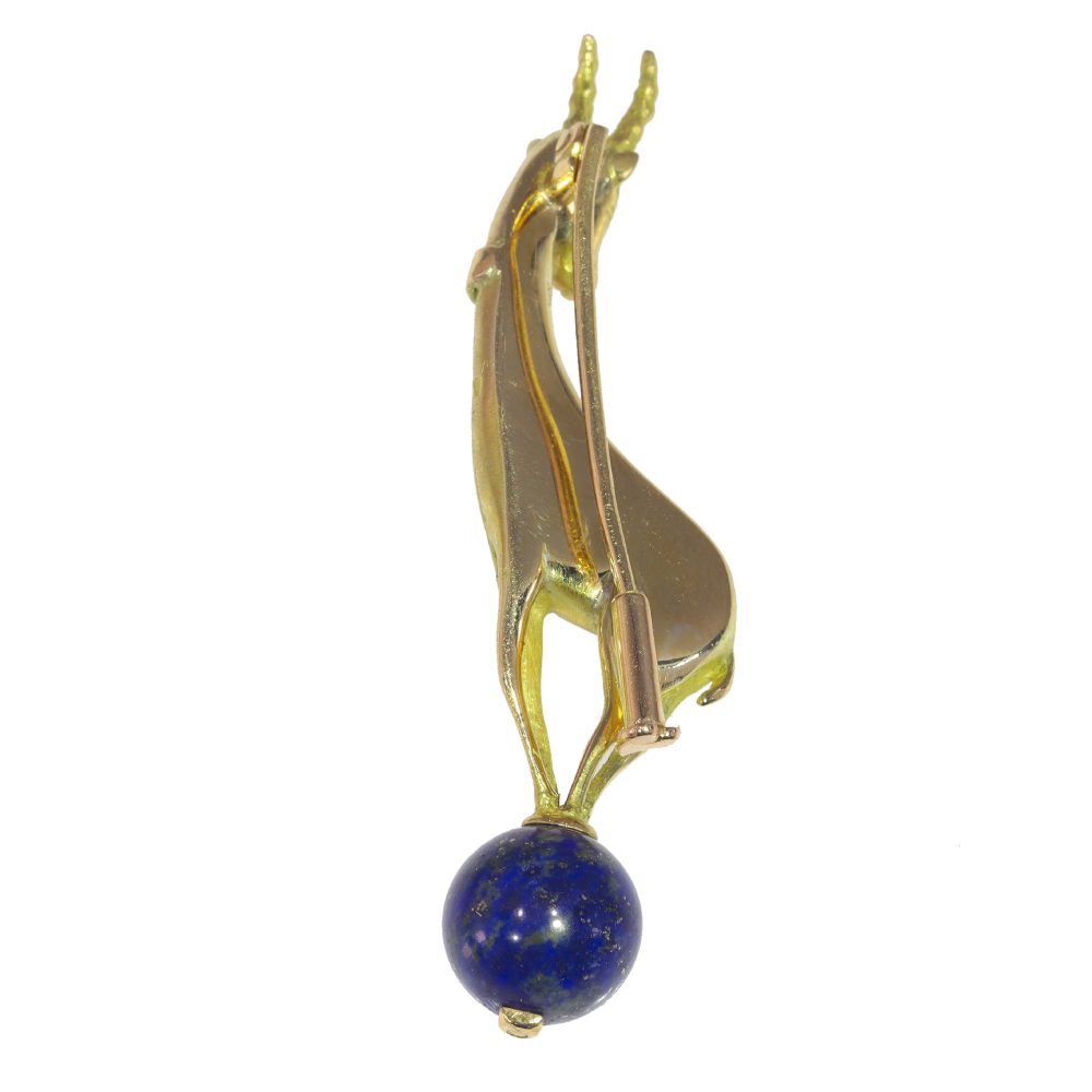 Vintage Gold Chamois and Lapis Lazuli Brooch