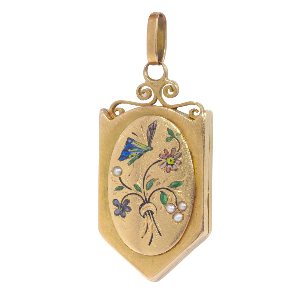 Antique Victorian Enamel Butterfly and Flowers Pendant Locket