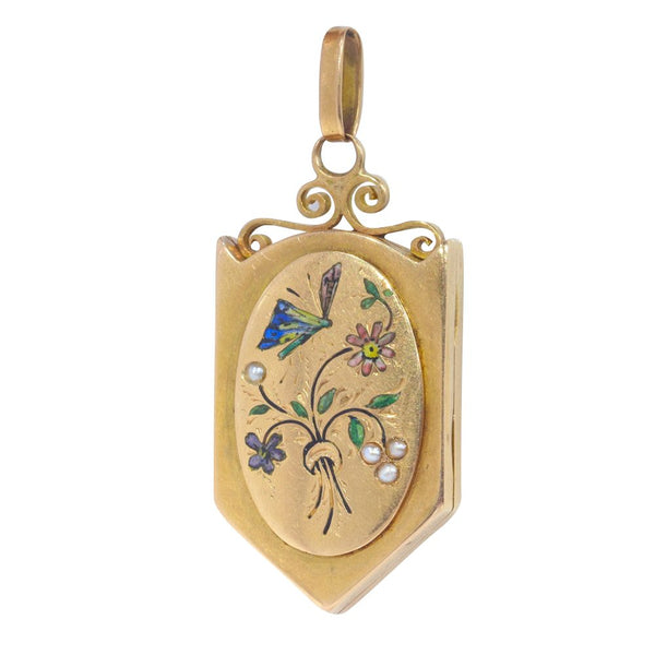 Antique Victorian Enamel Butterfly and Flowers Pendant Locket