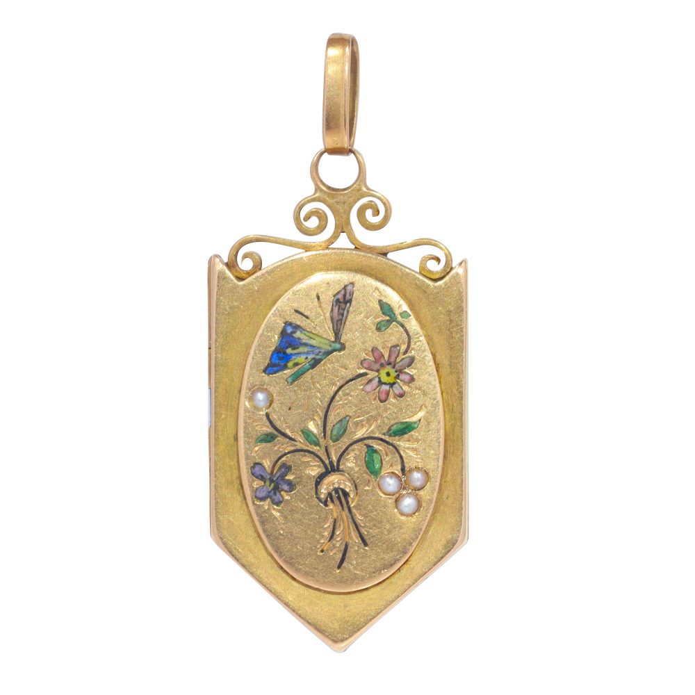Antique Victorian Enamel Butterfly and Flowers Pendant Locket