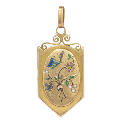 Antique Victorian Enamel Butterfly and Flowers Pendant Locket
