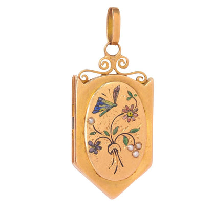 Antique Victorian Enamel Butterfly and Flowers Pendant Locket