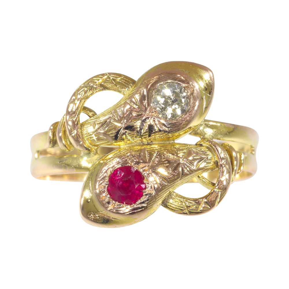 Antique Ruby and Diamond Set Snake Ring