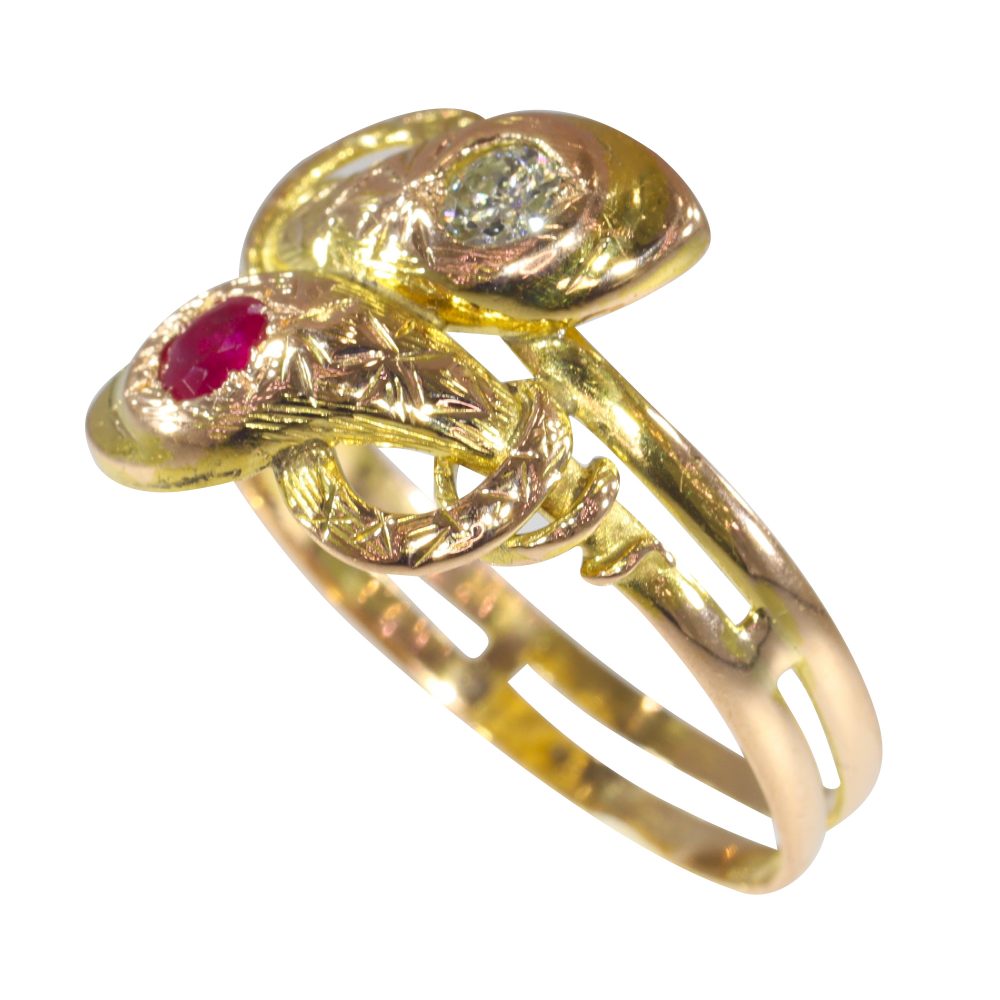 Antique Ruby and Diamond Set Snake Ring
