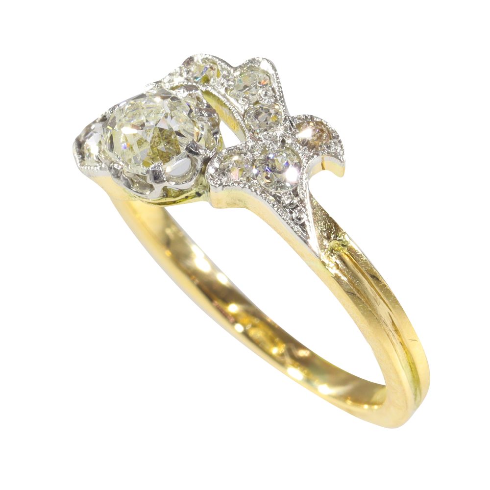 Antique Old Cut Diamond Engagement Ring In Platinum And 18 Carat Yellow Gold