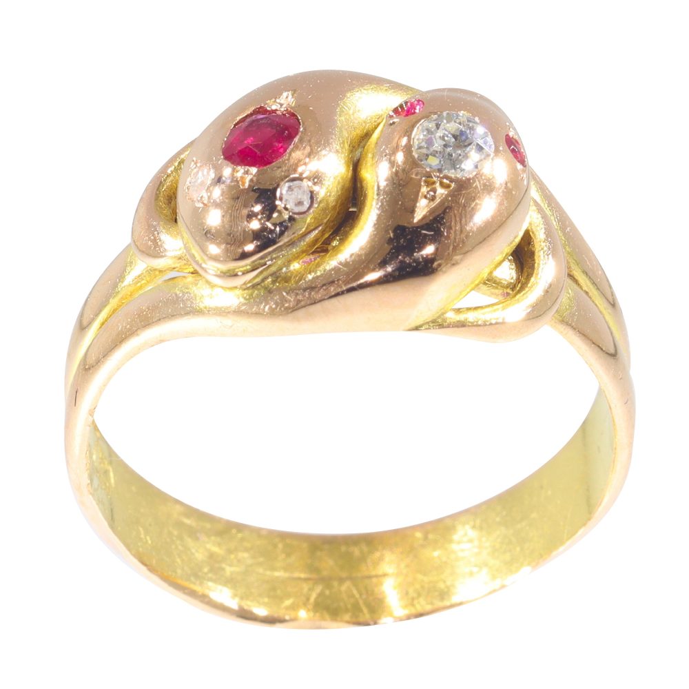 Antique Victorian Ruby and Old Cut Diamond Snake Ring