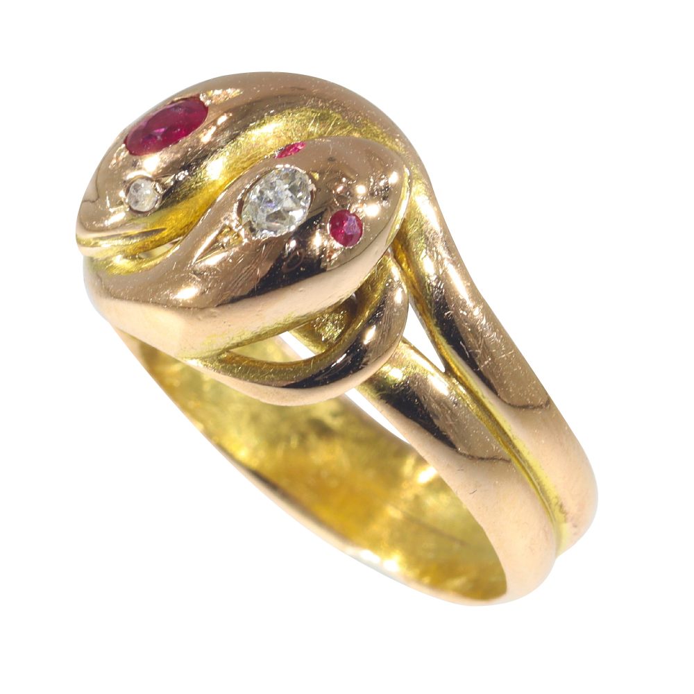 Antique Victorian Ruby and Old Cut Diamond Snake Ring