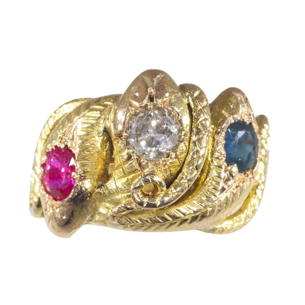 Antique Victorian Ruby Sapphire Diamond Triple Snake Ring