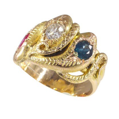 Antique Victorian Ruby Sapphire Diamond Triple Snake Ring