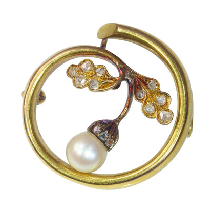 Art Nouveau Antique Diamond and Pearl Acorn Brooch