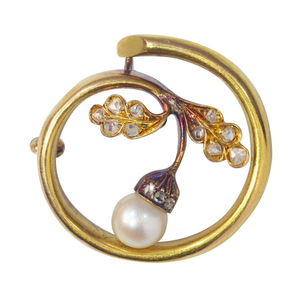 Art Nouveau Antique Diamond and Pearl Acorn Brooch