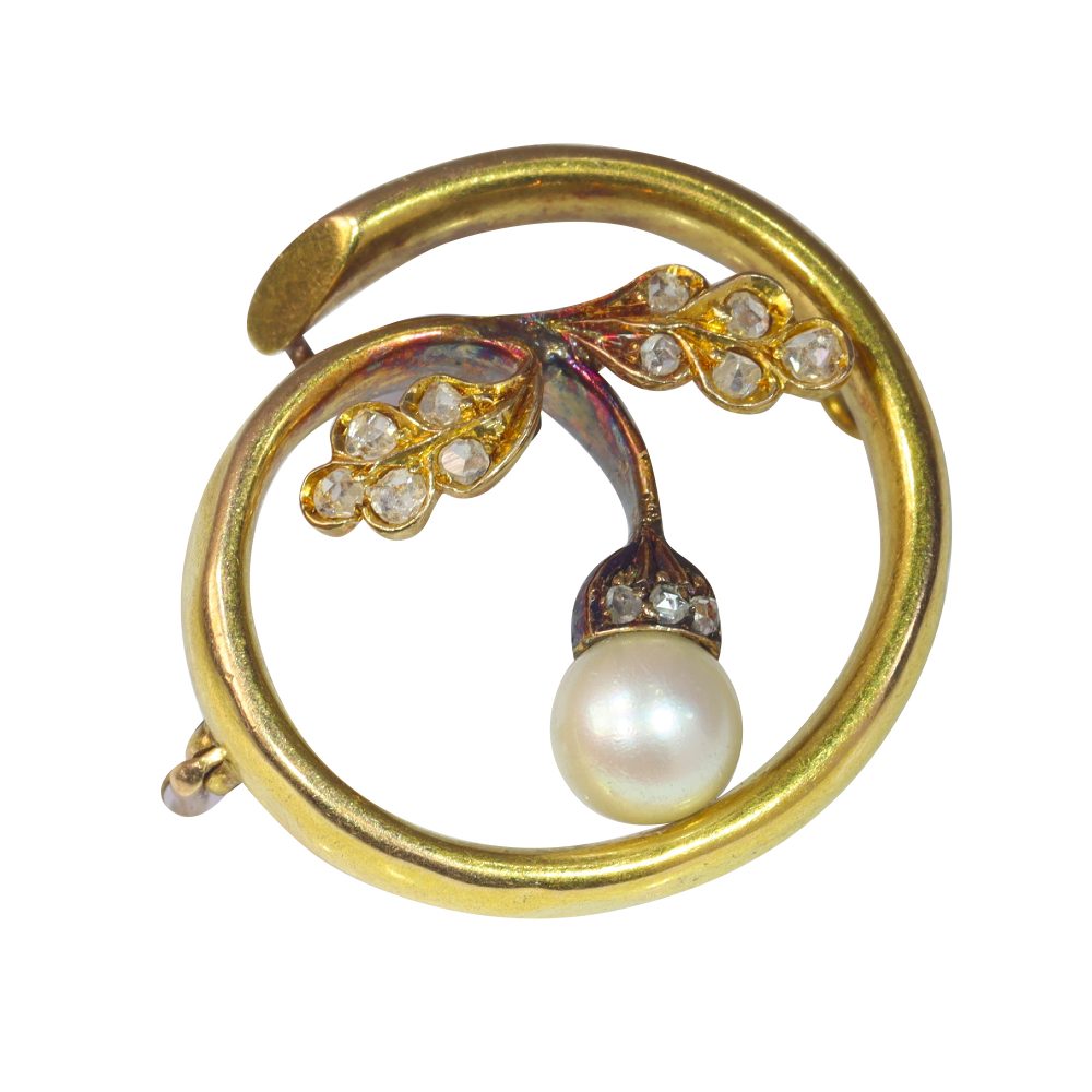 Art Nouveau Antique Diamond and Pearl Acorn Brooch