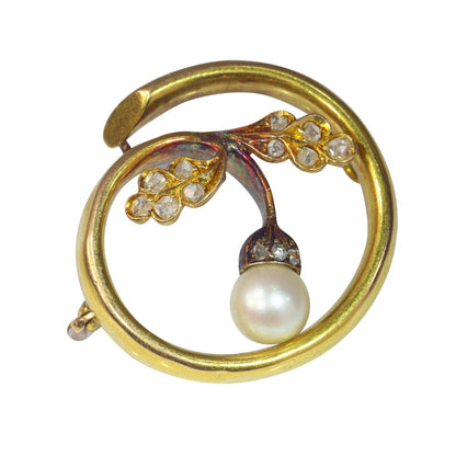 Art Nouveau Antique Diamond and Pearl Acorn Brooch