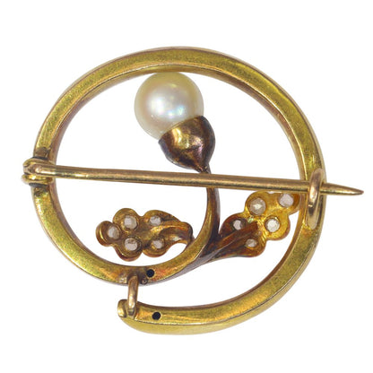 Art Nouveau Antique Diamond and Pearl Acorn Brooch
