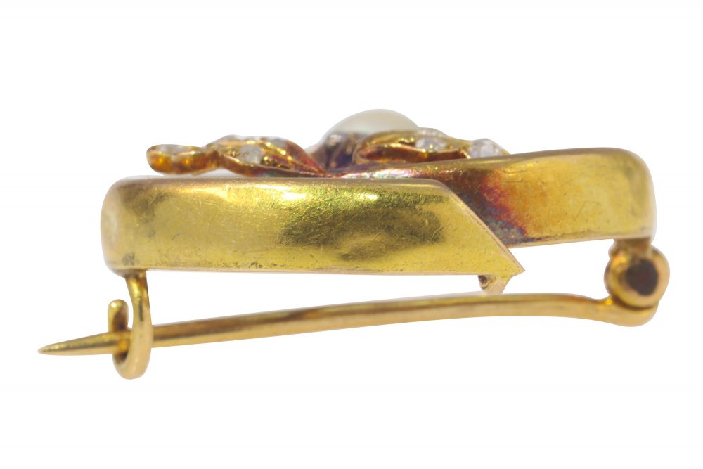 Art Nouveau Antique Diamond and Pearl Acorn Brooch