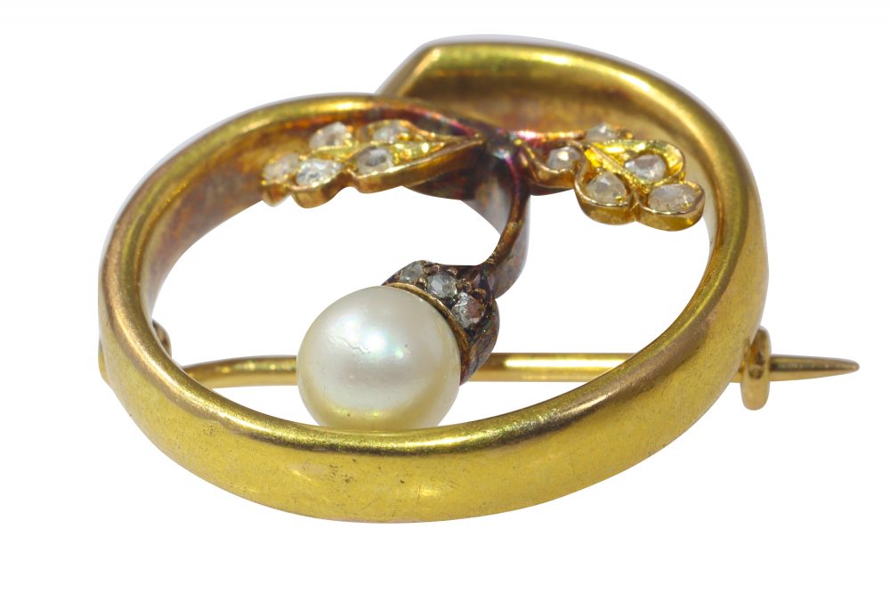 Art Nouveau Antique Diamond and Pearl Acorn Brooch