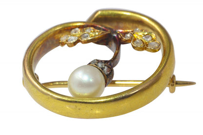 Art Nouveau Antique Diamond and Pearl Acorn Brooch