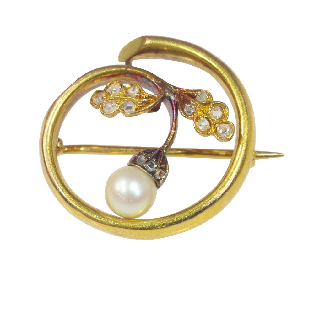 Art Nouveau Antique Diamond and Pearl Acorn Brooch