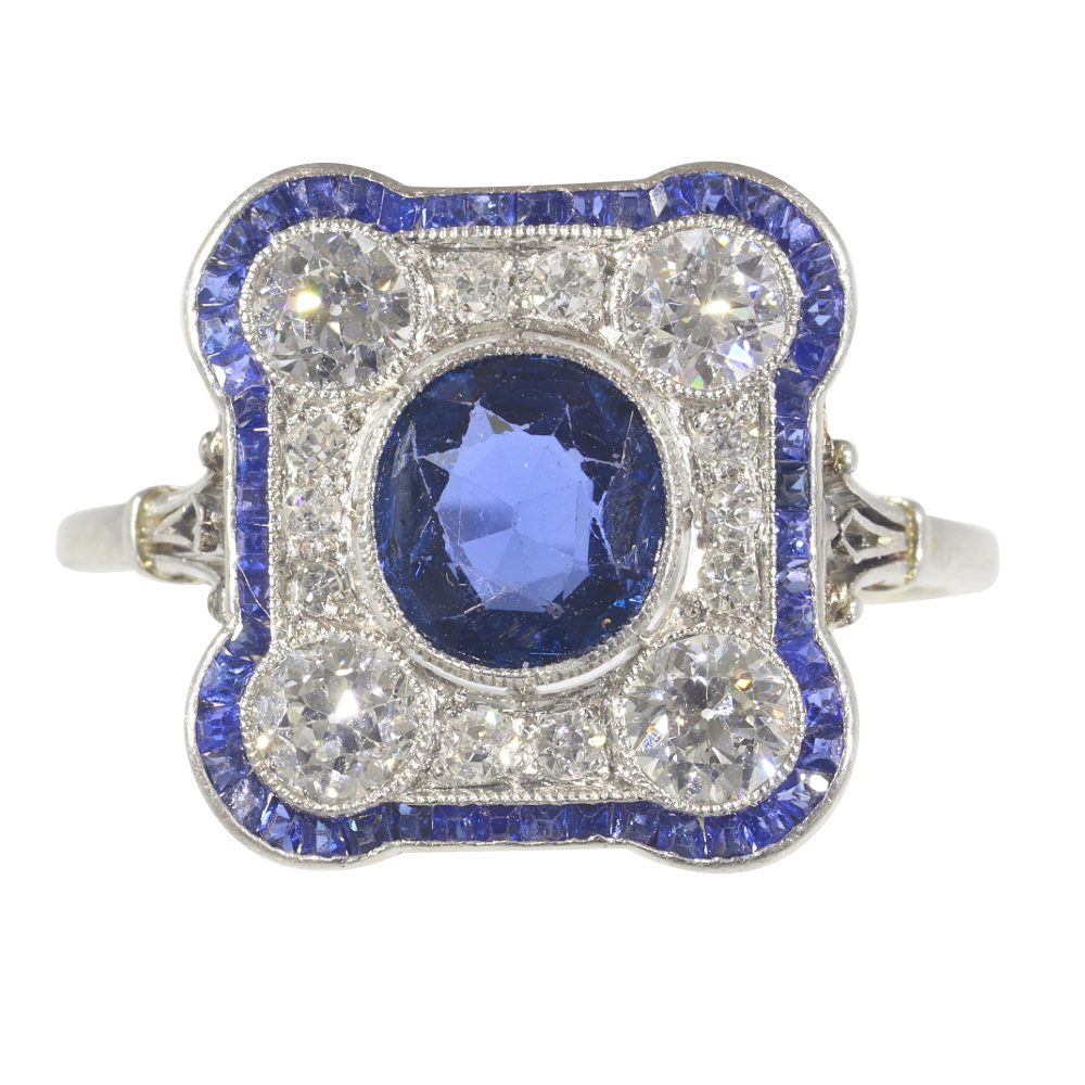 square Art Deco sapphire and diamond ring