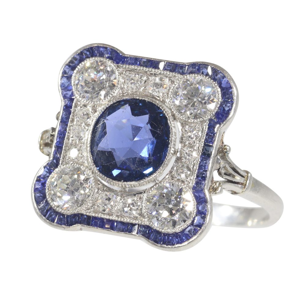 Vintage Art Deco sapphire and diamond target ring sqaure