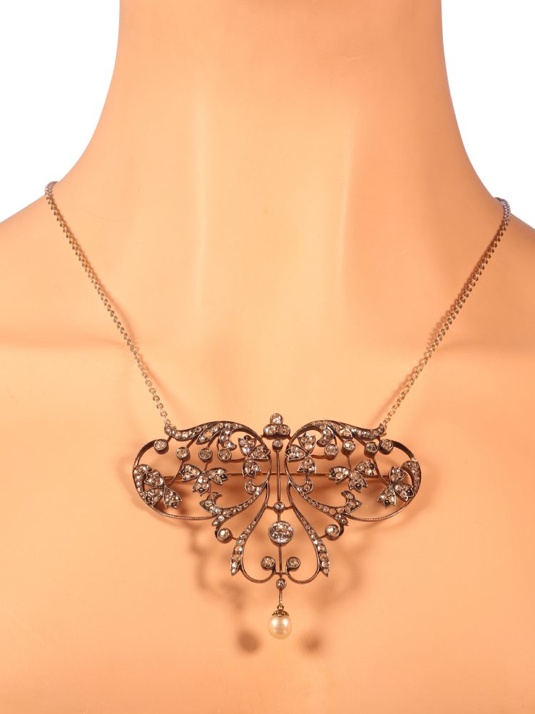 Antique Floral Natural Pearl and Diamond Pendant Brooch