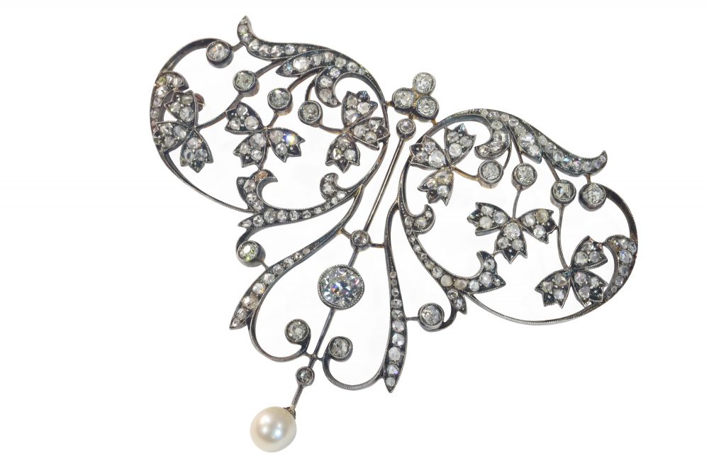 Antique Floral Natural Pearl and Diamond Pendant Brooch