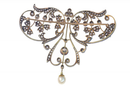 Antique Floral Natural Pearl and Diamond Pendant Brooch