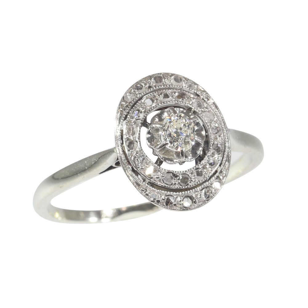 French Art Deco Antique Diamond Oval Cluster Ring