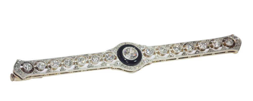 Antique Art Deco Diamond and Onyx Bar Brooch