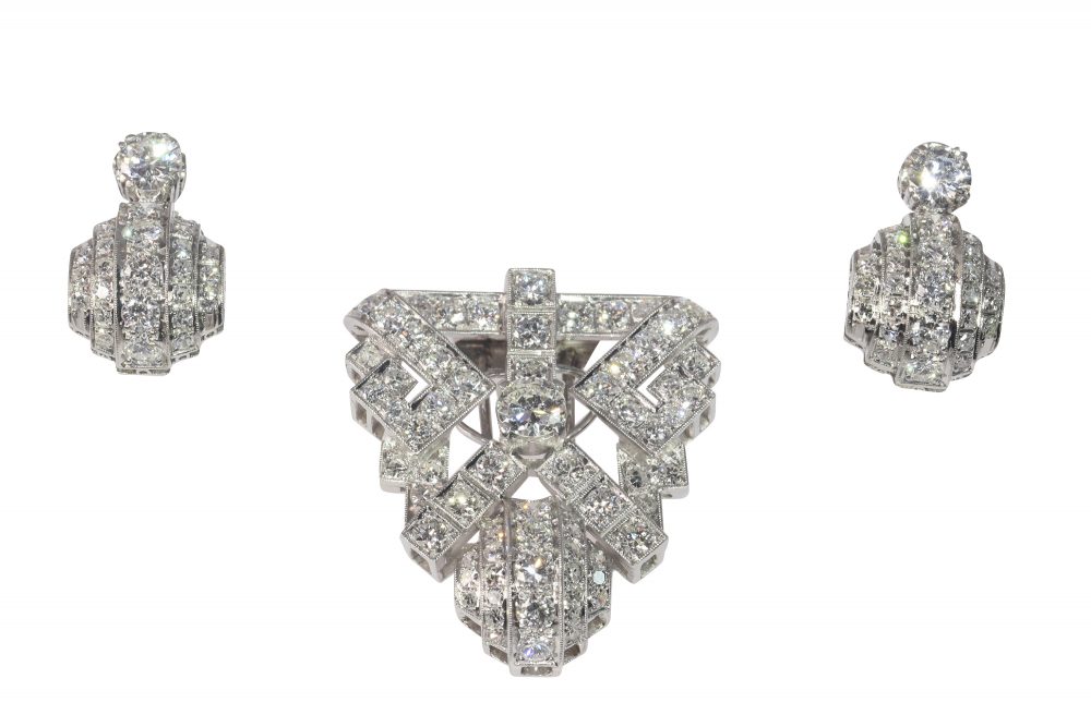 Vintage 5.75ct Diamond Parure Set Brooch and Earrings