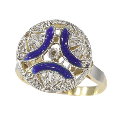 Art Deco Antique Diamond Ring with Blue Enamel