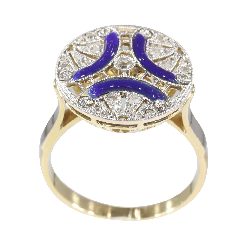 Art Deco Antique Diamond Ring with Blue Enamel