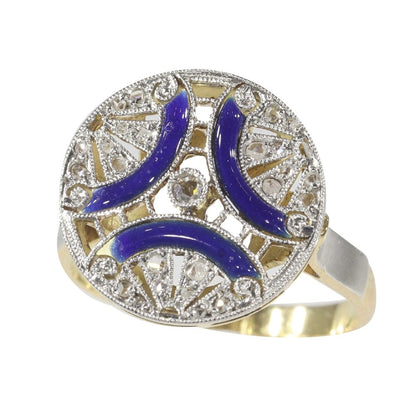 Art Deco Antique Diamond Ring with Blue Enamel