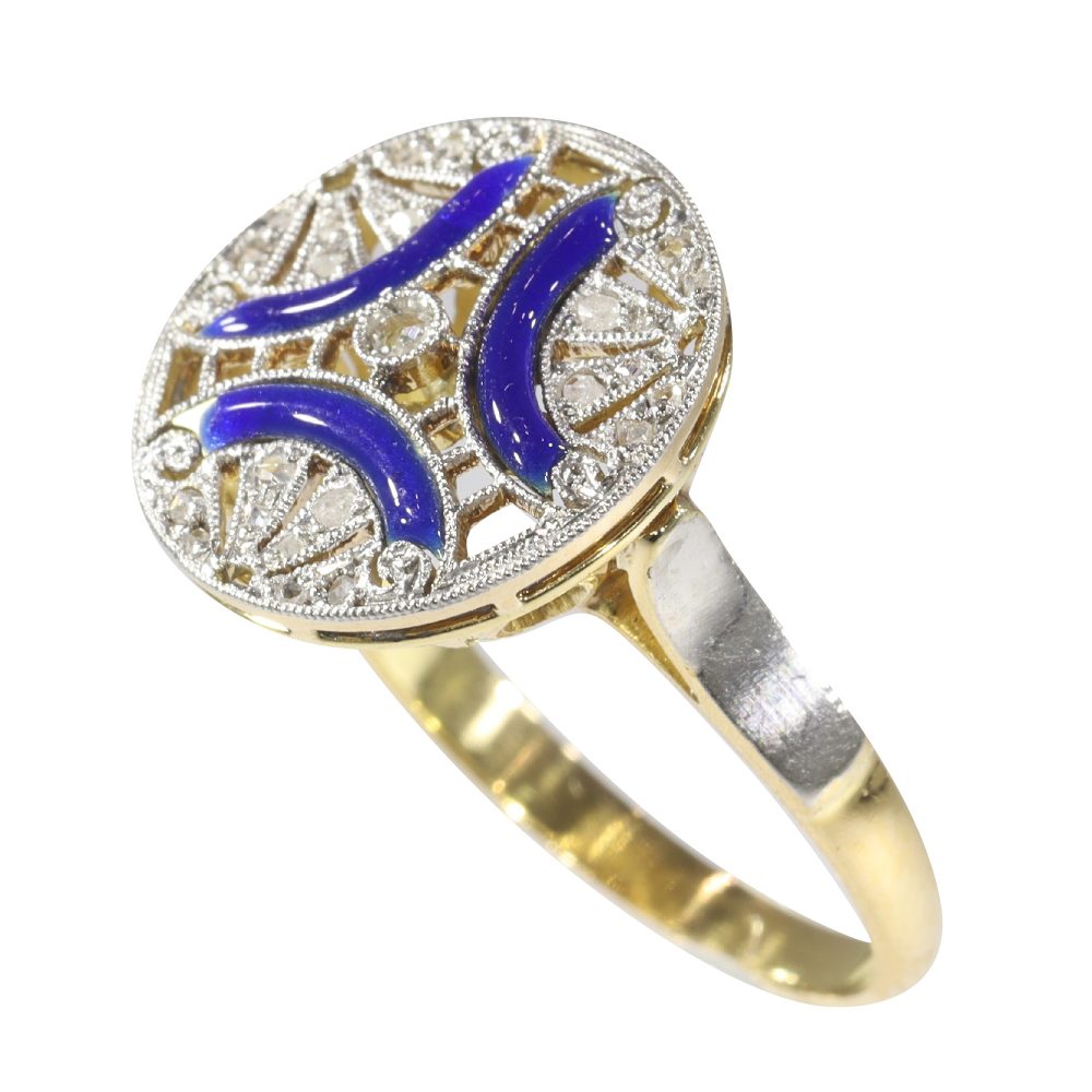 Art Deco Antique Diamond Ring with Blue Enamel