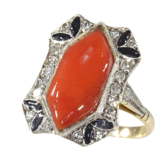 Art Deco diamond, coral and enamel ring in gold.