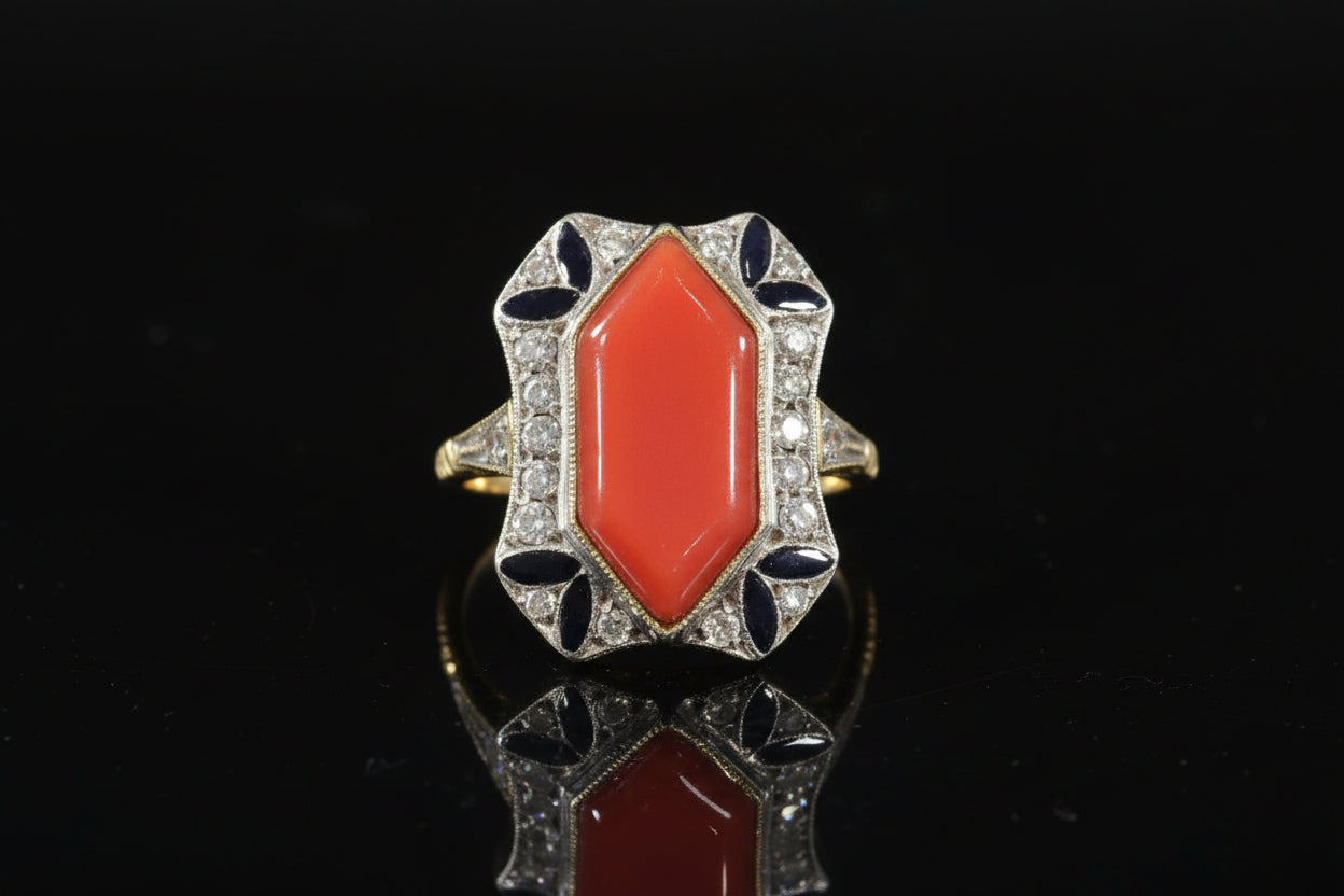 Vintage Art Deco Diamond, Coral And Black Enamel Ring In Gold