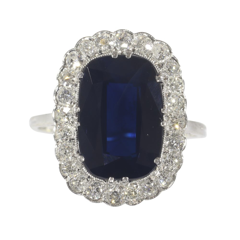 Vintage Art Deco Diamond and Sapphire Cluster Engagement Ring Large
