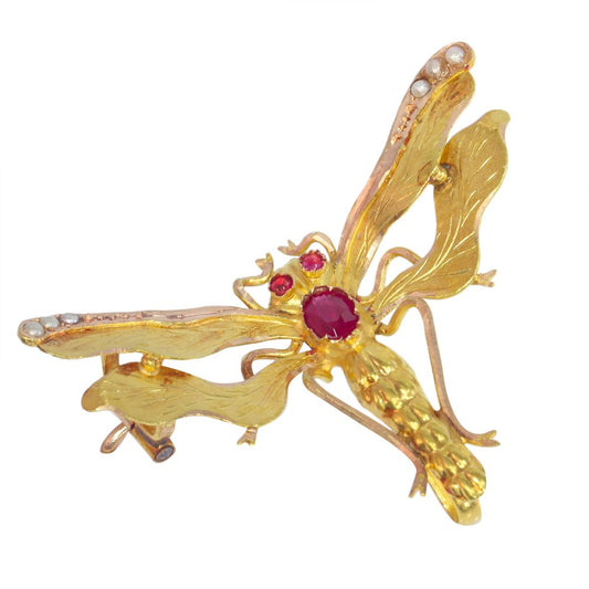 Antique Victorian Ruby Set Dragonfly Brooch