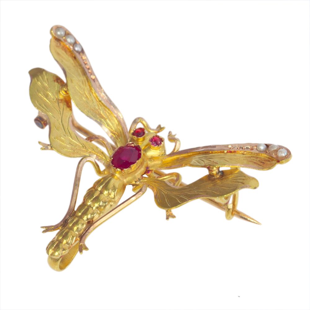 Antique Victorian Ruby Set Dragonfly Brooch