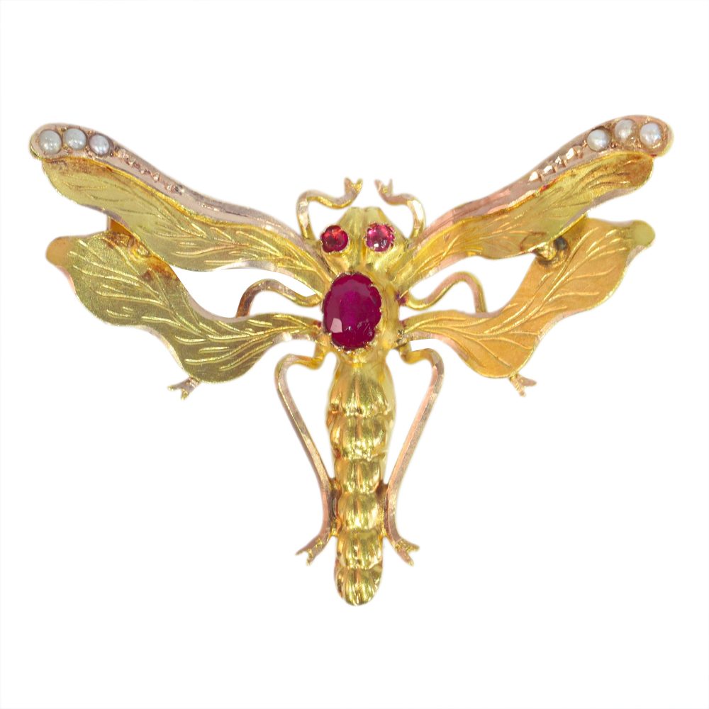 Antique Victorian Ruby Set Dragonfly Brooch