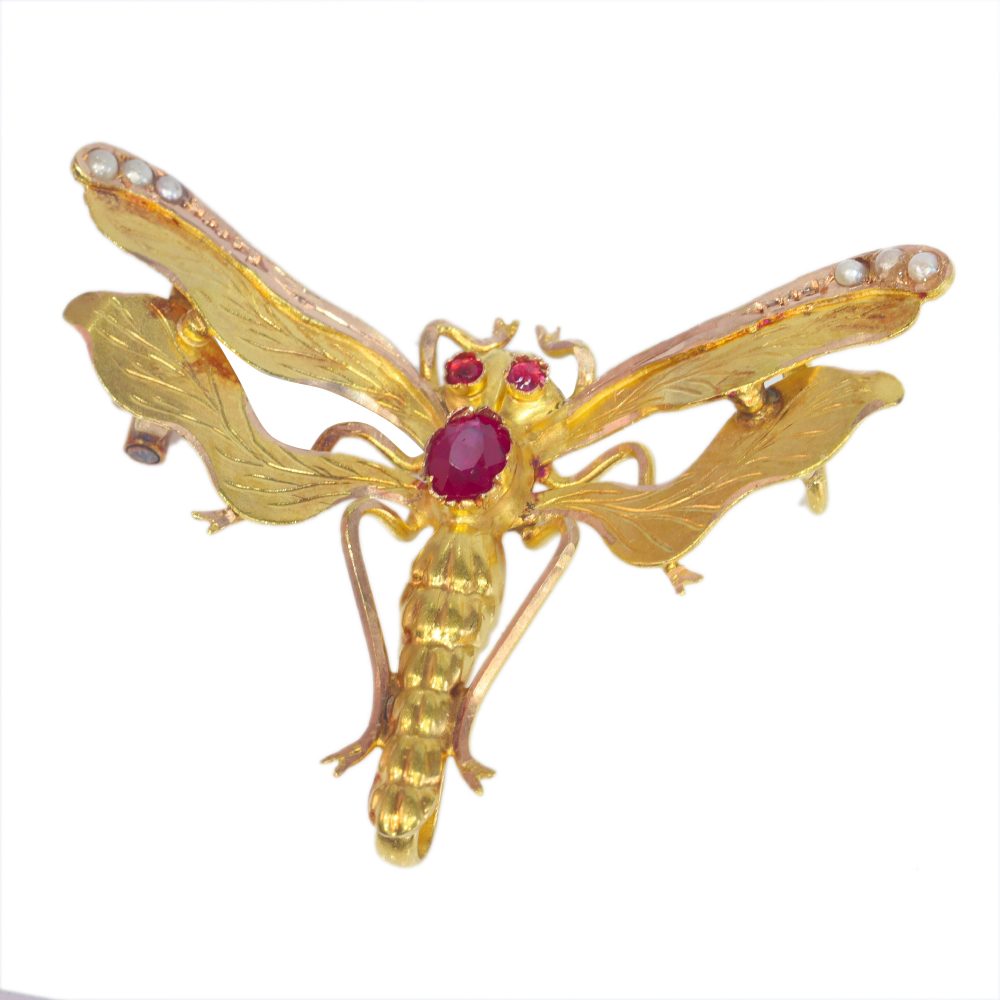 Antique Victorian Ruby Set Dragonfly Brooch