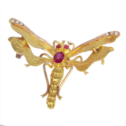 Antique Victorian Ruby Set Dragonfly Brooch