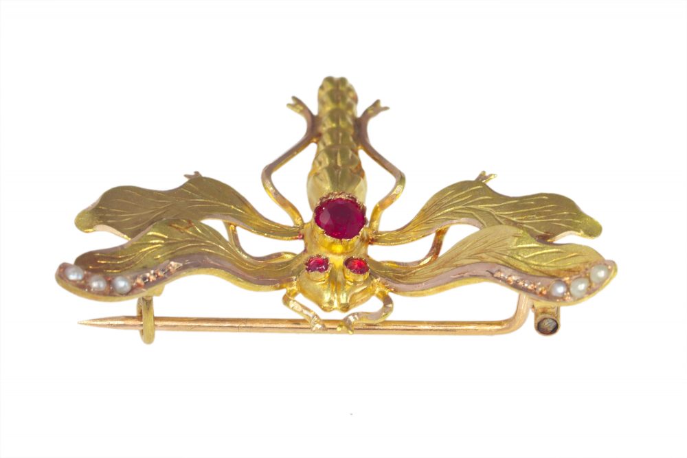 Antique Victorian Ruby Set Dragonfly Brooch