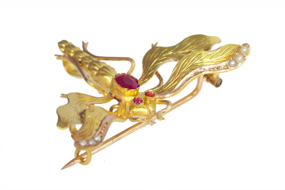 Antique Victorian Ruby Set Dragonfly Brooch