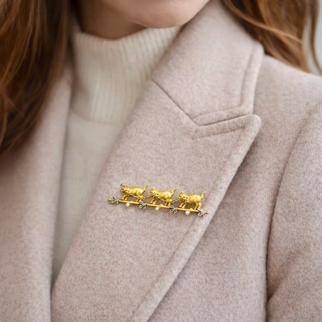 Antique 18 Carat Yellow Gold Diamond and Seed Pearl Cat Brooch, Circa 1910